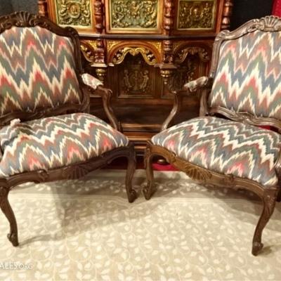 PAIR LOUIS XV STYLE FAUTEUIL ARMCHAIRS