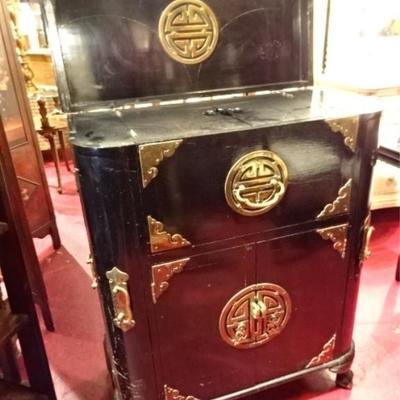 VINTAGE CHINESE BLACK ENAMEL BAR CABINET WITH BRASS MOUNTS
