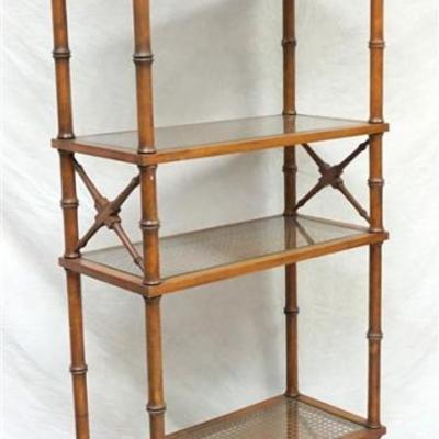20th c. Vintage Quality Faux Bamboo Etagere. Six Caned Glass Covered Shelves. Versatile display measures 29