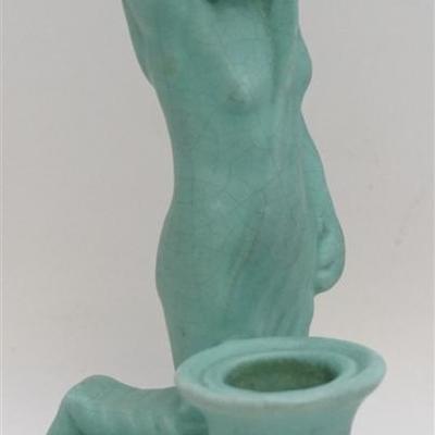 Very rare Weller Pottery Hobart figural nude candlestick, designed by Rudolph Lorber and produced circa 1925. 