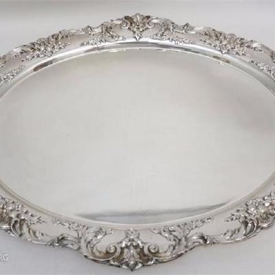 Massive American Reed & Barton Silverplate Waiter Tray in the Renaissance pattern. Good condition, no monograms. Measures 30 1/4