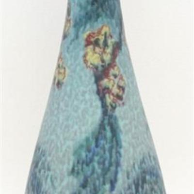 Louise Abel (b.1894) for Rookwood Pottery, Floral bud vase, Cincinnati, OH, 1923, flowing matte floral motif on turquoise ground, signed,...