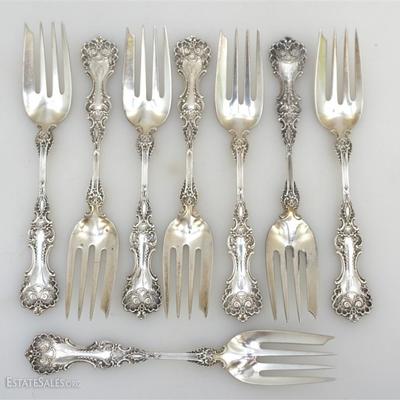 Eight Antique American Sterling Silver Individual Salad Forks in Pompadour first patented in 1895 and again in 1898 by Whiting Division....