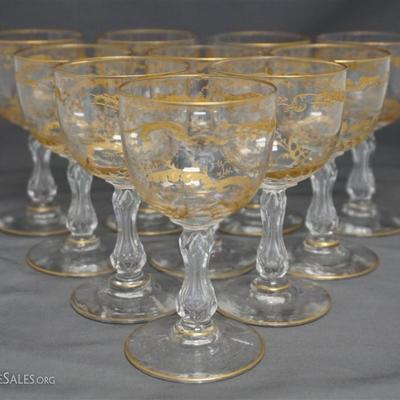 Ten Elegant Antique St. Louis Crystal Claret Glasses in the very scarce 