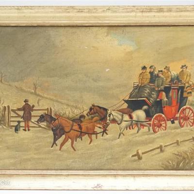 Antique Oil on Canvas English School Coaching Scene. A four horse Coach on a snow filled country road. Signed lower left, signature hard...