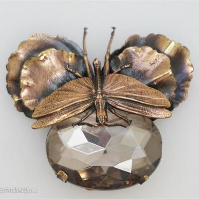 Art Nouveau/Deco (revival) signed brooch from Netherlands designer, Ermani Bulatti. Large coppery Topaz crystal and insect in the...