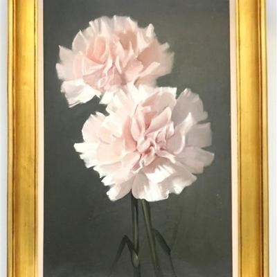 Michael W. Huggins (British b. 1927) Large Oil on Canvas Pink Carnations in Bloom, signed lower left M.W. Huggins, with monogram lower...
