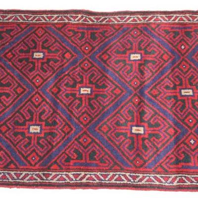 Semi Antique Hand Knotted Wool Balochi Tribal Rug. Deep Red with Geometric all over pattern. 