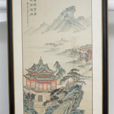 Large Chinese Hand Painted Watercolor Silk Scroll. Chinese Temple with Mountains. Signed and with Chop Seal. Measures 29