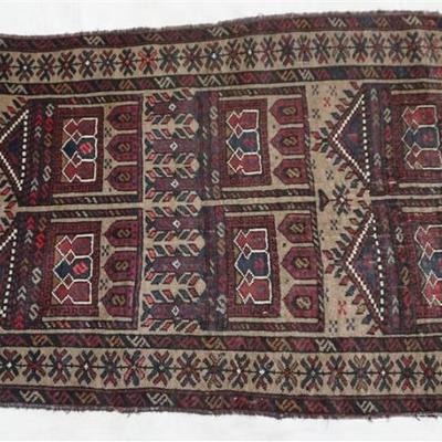 Semi Antique Hand Knotted Wool Balochi Tribal Rug. Taupe, Red, Blue with Geometric pattern. 