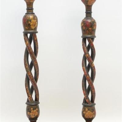 Vintage Italian Pair of Florentine Painted Twist Column Candlesticks. Quality pair of solid wood, twist column, hand painted, Italian...