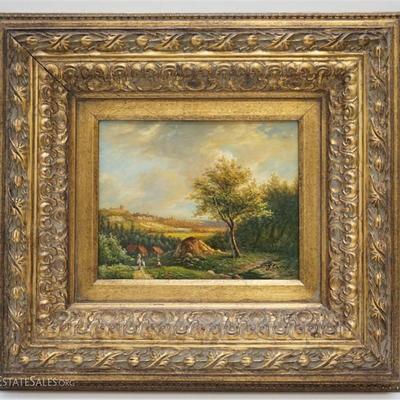 Antique Oil Painting on Board English Country Landscape in Ornate Gilt Frame. Signed Lower right by the artist, signature illegible....