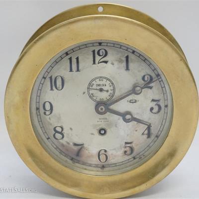 Mid Century Brass Chelsea Ships Clock. Serial 565646 on the back dates this 1950-1954. The clock runs, not tested for timekeeping...