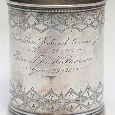 Antique Gorham Coin Silver Cup with Inscriptions reading Edward K. McPherson , June 23 1861 (85 days after the Civil War Began) and then...