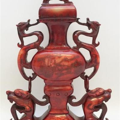 Large 20th century Chinese Elaborately Carved Red Soapstone Figural Dragon Censer. Good condition, measures 8