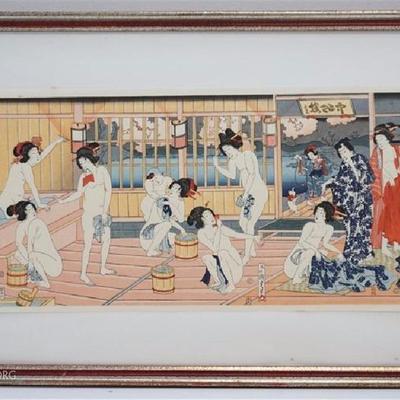 Rare Japanese Ukiyo-e Woodblock Print Ladies Bathhouse. Unusual, hard to find. Good quality woodblock with vibrant color. Woman in...