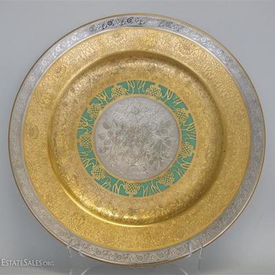 12 Vintage Ornate Gold and Platinum Encrusted Bavaria Porcelain Dinner Plates. Each 11