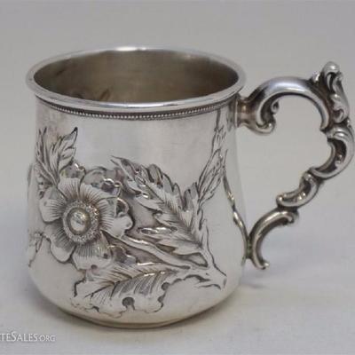 George C. Shreve & Co Antique Sterling Silver Aesthetic Movement Chased Childs Cup / Mug San Francisco, c. 1880's. Stunning chased...