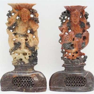 Pair of Hand Carved Chinese Carved and Pierced Soapstone Candleholders, with carved and pierced soapstone bases. Robed Monks. Each...