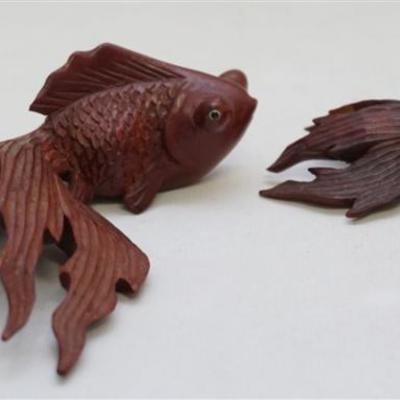 A pair of mid 20th c. Chinese Finely Carved Rosewood Koi with Glass Eyes. 4