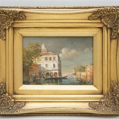 Mid Century Oil on Board Venice Grand Canal, signed by the artist J. Guy, c. 1950s. In ornate Gilt Wood Frame. In Frame 12