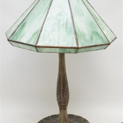 Vintage Slag Glass Paneled Table Lamp. Bronzed Base marked Morgan. Shade is leaded 10 panel multi shaded green slag glass. Good...