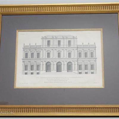 Colen Campbell Copper Plate Engraving. Elevation of Cobham Hall, Kent. Professionally framed and matted at gallery. Good Condition....