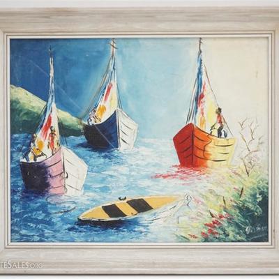 Mid Century Acrylic on Canvas Impressionist Boats. Signed lower right. G. Jose.