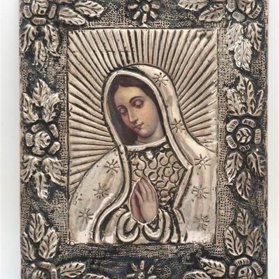 Vintage Our Lady of Guadalupe Sterling Silver Icon. Mexican with hallmarks. Hammered Sterling Frame with repousse roses and foliage. 
