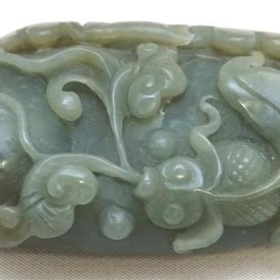 Large Qing Dynasty Finely Carved Jade Pendant. Perhaps for belt or sash. Koi fish with lotus