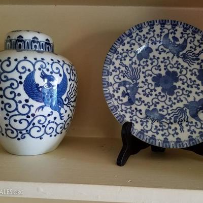 Japanese rising from the ashes Phoenix rich blue design, matching plat and vase