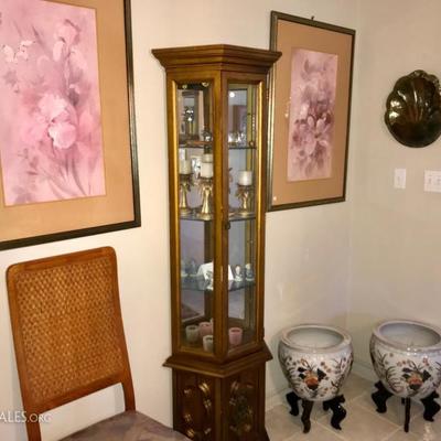 Asian fish bowls and narrow china cabinet