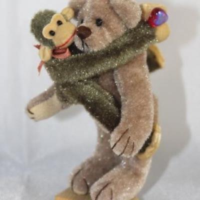 Chip & Banana (monkey)-228.  Friends Collection  from Little Gem Teddy Bear.  Monkey clutches a  bear standing on a small heart stand....
