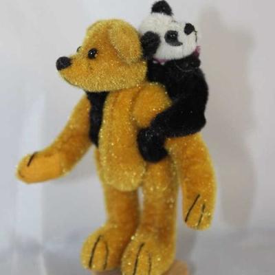 Bosworth & Chi Chi (panda)-227.  Friends  Collection from Little Gem Teddy Bear.  Panda  hangs on a bear standing on a small heart stand....