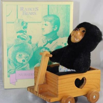 Nathan with Wagon-218, Raikes in wood and plush  black.  Nursery Miniatures Collection.  Small bear  wears white diaper with...