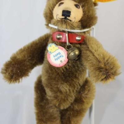 Steiff Teddy Bear - Teddy Baby Mini-92.  Jtd.  brown mohair bear with yellow elephant historic  chest tag, 