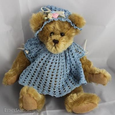Bluebelle Michelle-210.  Blue crochet dress and  bonnet with cream ribbons.  The bonnet hat also  has multi-colored satin flowers.  The...