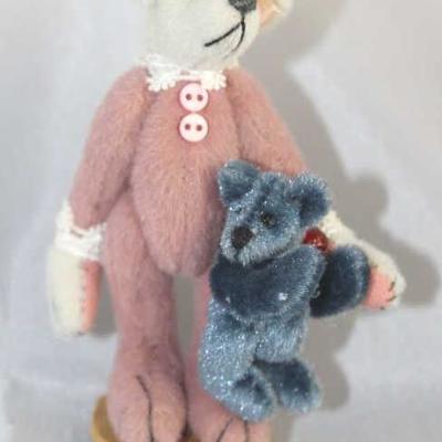 Amelia (w/bear purse)-229 Pink Bear.  Friends  Collection from Little Gem Teddy Bear.  Bear in a  pink body suit carries a blue bear...