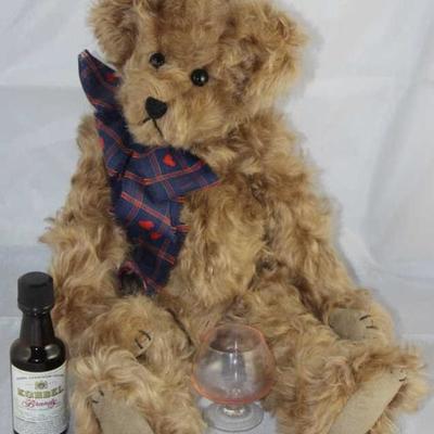 Brandy-11 Artist bear by Diane B. Suede-brown/tan  in excellent condition. Blue/red hear ribbon neck  bow with small liquor bottle and...