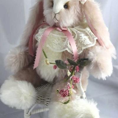 Periwinkle (rabbit)-205 Pink Rabbit.  Tumble  Bears.  Stuffed with pellets.  White lace collar  tied around neck with a rose ribbon bow....