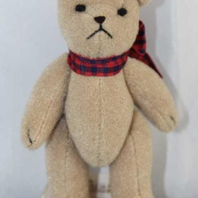 Tan Mini - 88. 1991 Gund Collector Minis in plush  tan. Stands 4" H in excellent condition.  Jtd. tan  mini bear with red/navy plaid...