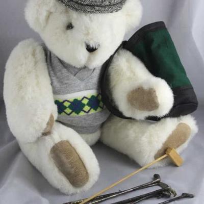 Golfer - g-Nannette - 8. Vermont Teddy Bear  Company in plush white in excellent condition. He  wears a gray cardigan sweater with a gray...