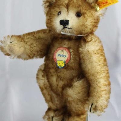 Steiff Teddy Bear - Petsy Mini-99 Mohair-cream/flannel-light tan.  Jtd. cream mohair  tipped paprika brown bear with light tan flannel...