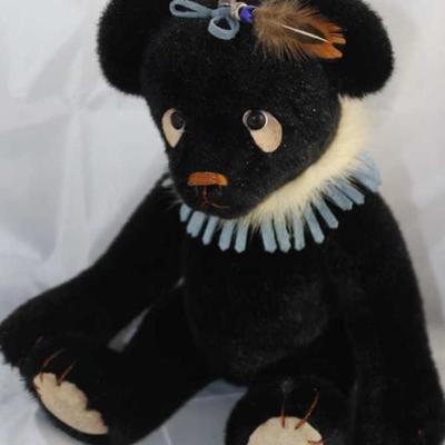 Sandy Schroeder- Schroeder Bear.  Little  Feather-214. Beige suede paw pads.  Blue suede  with fur ruffle around neck.  Blue suede,...