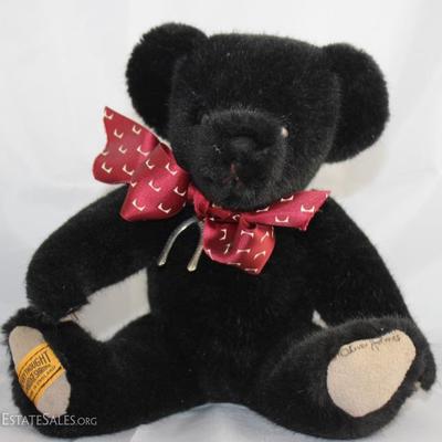 Blackridge-339, Merrythought-England in plush  black.  Has gray suede paw pads signed on bottom.    Burgundy with white ribbon neck bow...