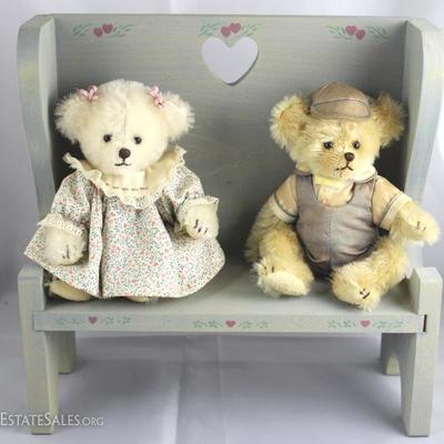 Twins-83. Joanne Mitchell-Family Tree Be. In  Mohair-white & light beige in excellent  conditions. These bears sit on a wooden blue...