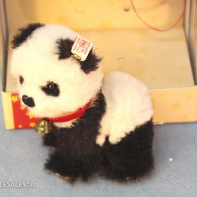 Steiff Panda Baby Christmas ornament 831 in white  and black alpaca.  North American Exclusive.   Black and white panda bear cub with...