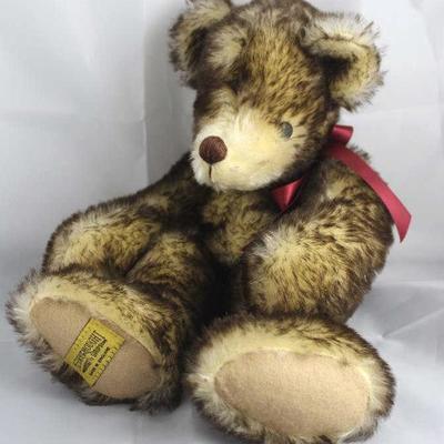 Beanie Bear-91, Merrythought-England in mohair  (cream/brown tipped).  Trademark tag across bottom  paw pad.  Jtd. pellet filled bear...