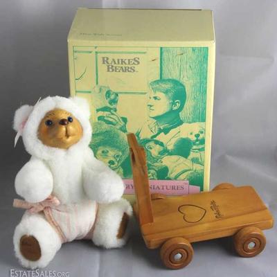 Mitzi with Scooter-219, Raikes in wood and plush  white.  Nursey Miniatures Collection.  Small bear  wears pink and white striped diaper...