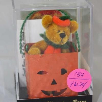 World of Mini Teddy Bear - Punkin Bear (Halloween)  Mini-828 In the box, velvet-orange/gold + tin.   World of Miniatures.  Punkin's body...